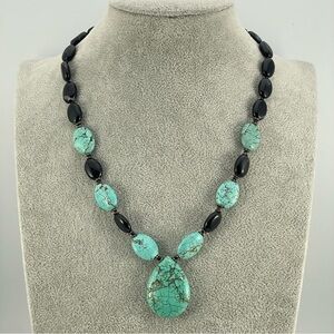 Onyx Turquoise Magnesite Beaded Pendant Necklace Boho Artisan Handmade Crafted